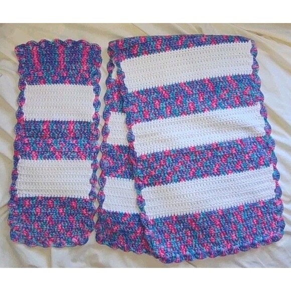 Handmade Other - (2) Vintage Hand Crocheted Table Runners Scarves Variegated Purple Blue Pink